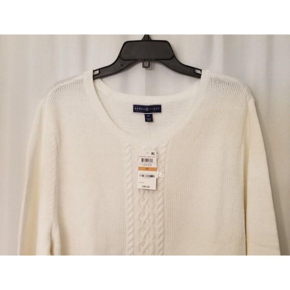 Karen Scott Sweater Pull Over Center Cable Knit  Winter White NEW Size 3X